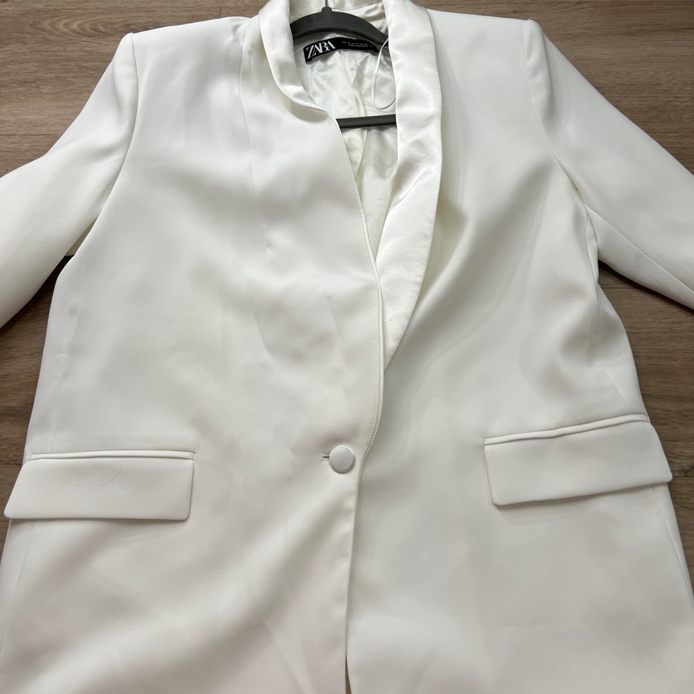 Zara Cream Single-Button Satin-Trim Blazer